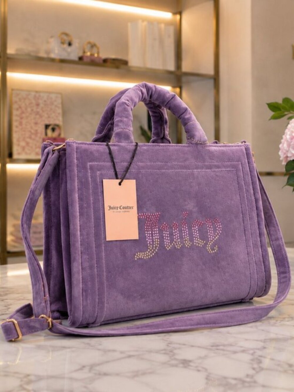 Juicy Couture Big Spender Tote Dusty Violet Velour Rhinestone Logo NWT